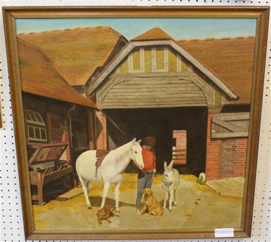 Oil on canvas, farm yard with figure & animals